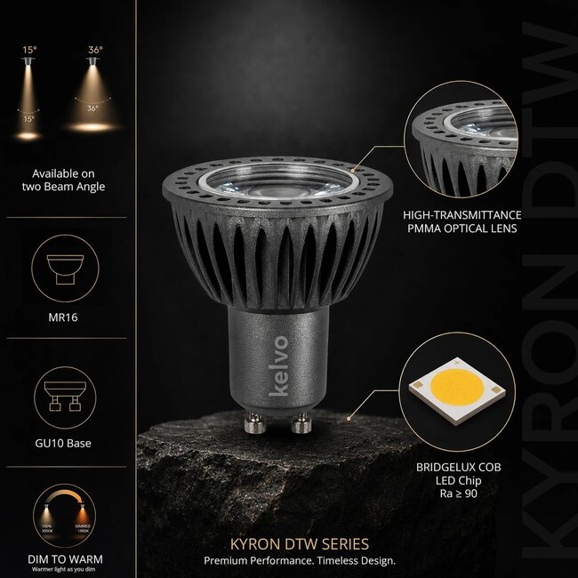 kelvo® KYRON DTW 15° KLV-103-0012 Σποτ GU10 MR16 LED 7W 770lm CRI (Ra) ≥ 90 15° AC 220-240V IP20 Θερμό Λευκό Dimmable με λειτουργία Dim-to-Warm 3000K→1800K - Bridgelux COB Chip - Γκρι Ανθρακί Ματ - Μ5 x Π5 x Υ5.7cm - 3 Χρόνια Εγγύηση - 7