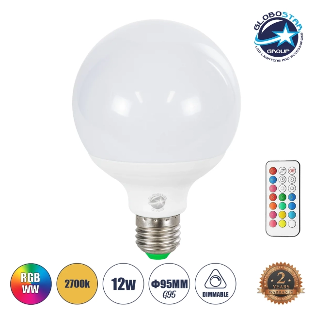  RGBOO 76071 Λάμπα E27 G95 με IR Ασύρματο Χειριστήριο LED 12W 780lm 260° AC 220-240V IP20 Πολύχρωμο RGB+WW Dimmable - Sanan SMD Chip - Μ9.5 x Π9.5 x Υ14cm - 2 Χρόνια Εγγύηση