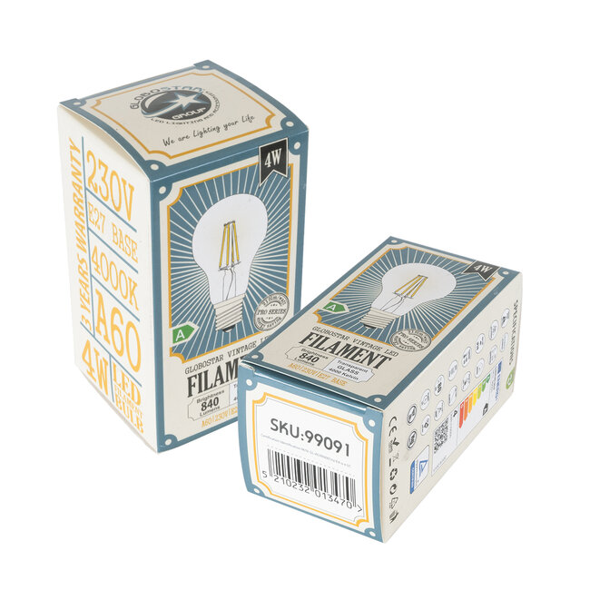99091 Λάμπα LED Long Filament E27 A60 Γλόμπος 4W 840lm 360° AC 220-240V IP20 Φ6 x Υ11cm Φυσικό Λευκό 4000K με Διάφανο Γυαλί - Pro Series 210lm/W - A Ενεργειακή Κλάση - 3 Χρόνια Εγγύηση - 5