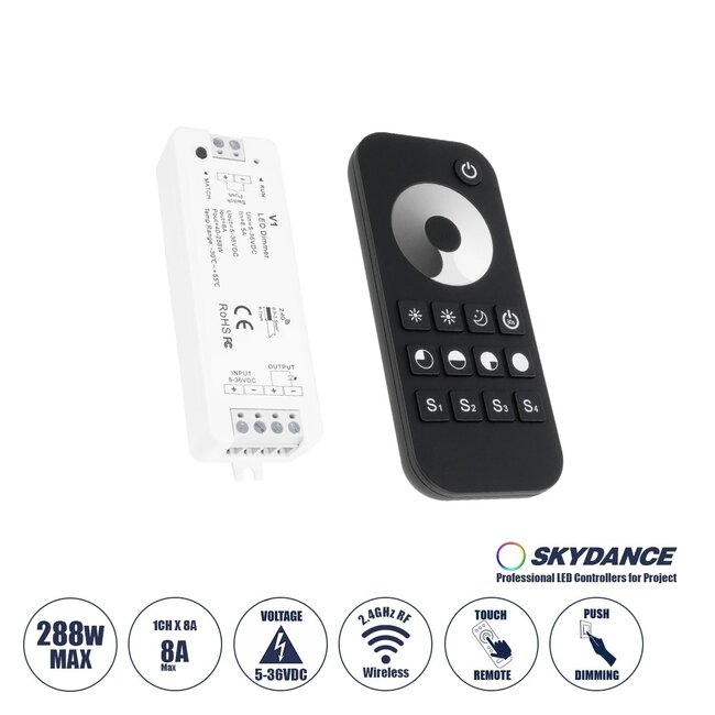 73118 RT1+V1 SKYDANCE ΣΕΤ Dimmer & Ασύρματο Χειριστήριο Αφής 1 Group RF 2.4Ghz 8A Max DC 5-36V (288W) - DC 3V IP20 - 5 Χρόνια Εγγύηση