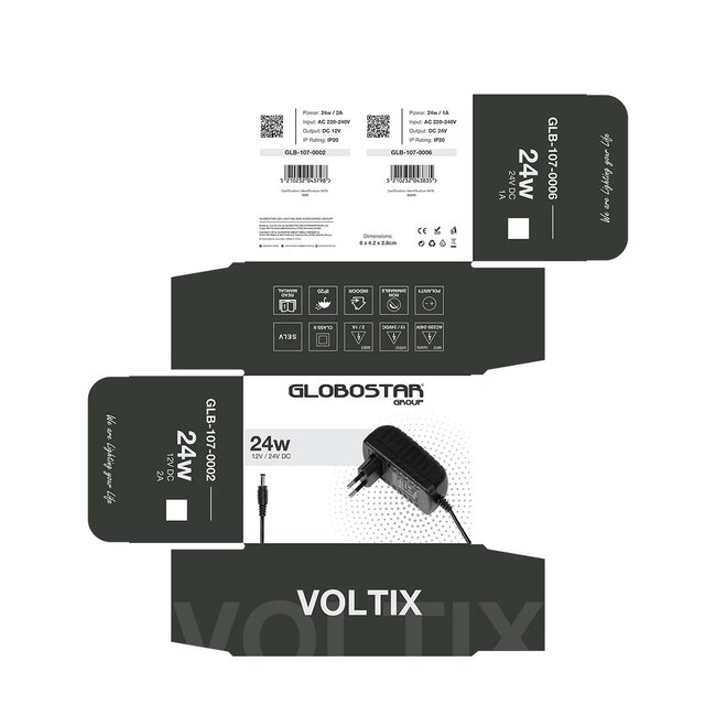 VOLTIX GLB-107-0002 Τροφοδοτικό/Μετασχηματιστής Class II SELV 24W 2A AC 220-240V σε DC 12V IP20 - Μαύρο Ματ - Μ8 x Π4.2 x Υ2.8cm - 3 Χρόνια Εγγύηση - 8