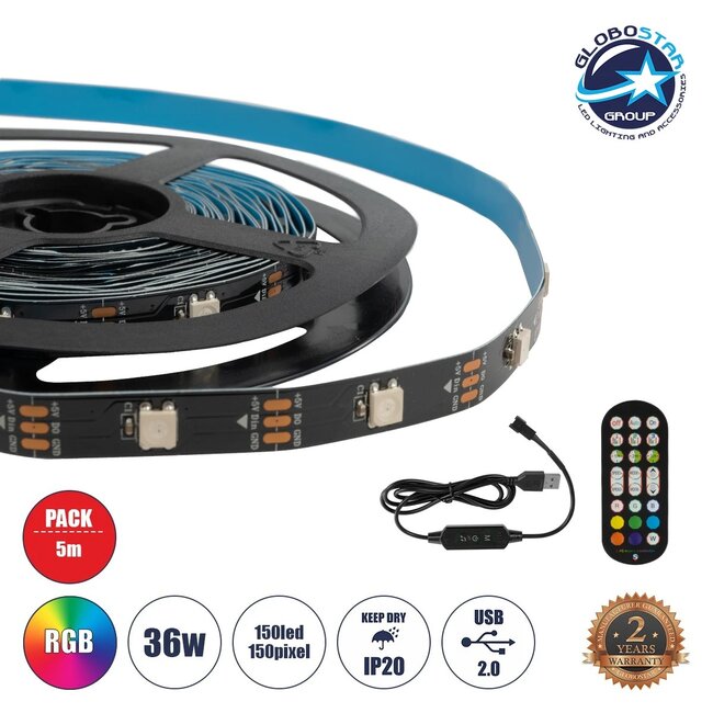DIGISTRIP 90757 Σετ Ψηφιακής Pixel Addressable Ταινίας με IR Ασύρματο Χειριστήριο LED 36W/5m 2880lm/5m 120° DC 5V με USB 2.0 IP20 150 x SMD5050 Chip/5m 150 x Pixel/5m Πολύχρωμο RGB Dimmable SPI/TTL Protocol - Μ500 x Π1 x Υ0.2cm - Ρολό 5 Μέτρων - 5 Χρόνια Εγγύηση