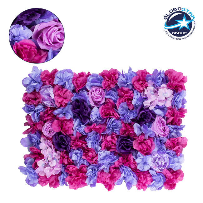 78332 Artificial - Συνθετικό Τεχνητό Διακοσμητικό Πάνελ Λουλουδιών - Κάθετος Κήπος Τριαντάφυλλο - Ορτανσία - Βιολέτα - Φουξια - Μωβ - Γαλάζιο Μ60 x Υ40 x Π7cm