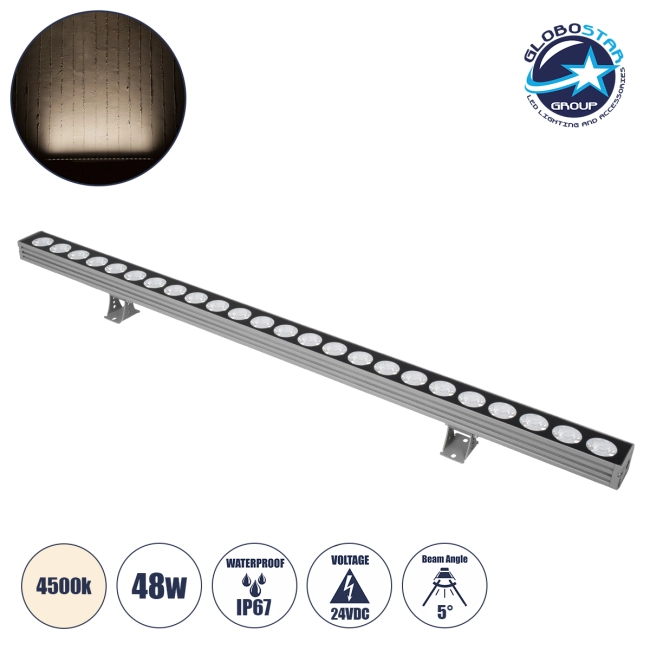 WASHERJAVIA 90556 Μπάρα Φωτισμού Wall Washer LED 48W 5520lm 5° DC 24V Αδιάβροχο IP67 Φυσικό Λευκό 4500K Dimmable - Bridgelux SMD Chip - Γκρι Ανθρακί - Μ100 x Π5.2 x Υ3.6cm - 3 Χρόνια Εγγύηση