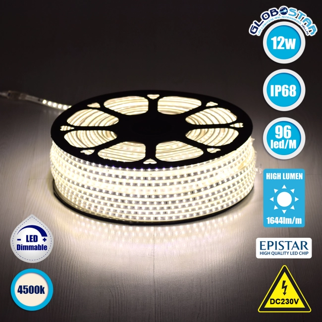 70501 Slim Ταινία Μονής Σειράς Epistar LED SMD 2835 1m 12W/m 96LED/m 1644lm/m 120° DC 230V Αδιάβροχη IP68 Φυσικό Λευκό 4500K Dimmable