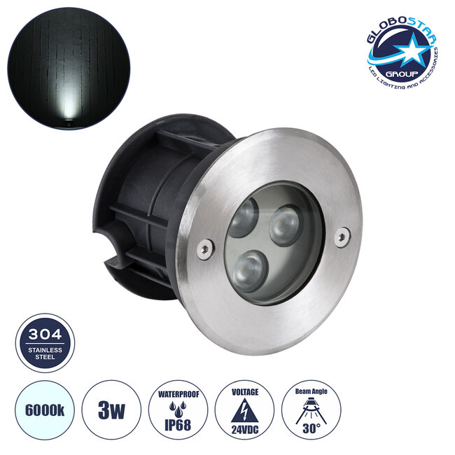 UNDERWATERHUNI 90415 Υποβρύχιο Χωνευτό Σποτ για Σιντριβάνια/Πισίνες LED 3W 300lm 30° DC 24V Αδιάβροχο IP68 Ψυχρό Λευκό 6000K Dimmable - Bridgelux SMD Chip - Ανοξείδωτο Ατσάλι SS304 - Μ10 x Π10 x Υ7.5cm / Q9.5cm - 3 Χρόνια Εγγύηση