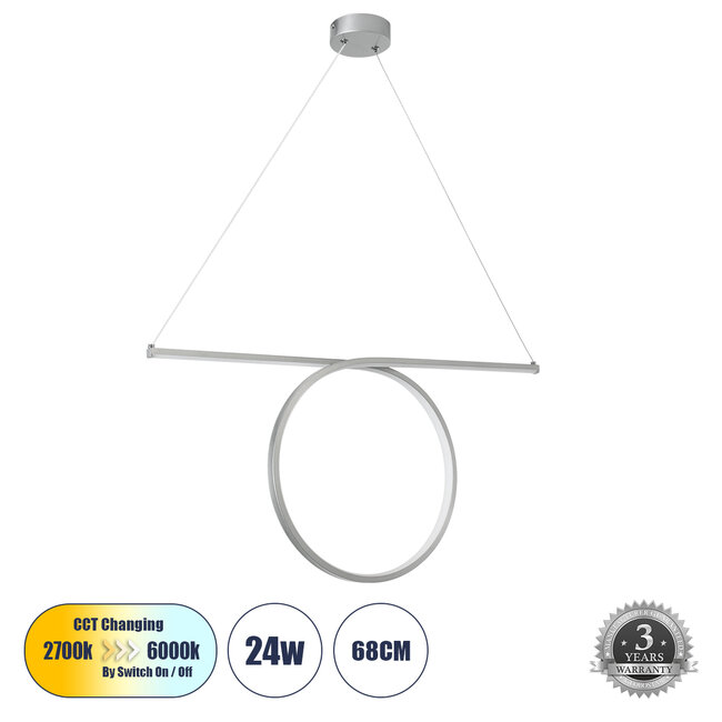 ROME 61296 Κρεμαστό Φωτιστικό Οροφής Linear Design LED CCT 24W 2640lm 200° AC 220-240V - Εναλλαγή Φωτισμού μέσω Διακόπτη On/Off All In One Ψυχρό 6000k+Φυσικό 4500k+Θερμό 2700k Μ65.5 x Π4 x Υ33cm - Ασημί Βούρτσας - 1