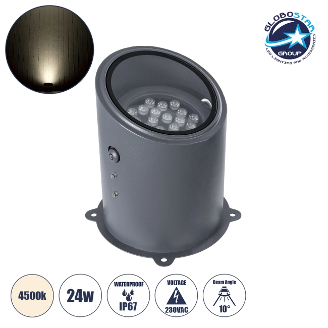 FLOOD-MILO 90738 Κινούμενος Προβολέας - Σποτ Φωτισμού Wall Washer για Φωτισμό Κτιρίων LED 24W 2280lm 10° AC 220-240V Αδιάβροχο IP67 Φ22 x Υ30cm Φυσικό Λευκό 4500K - Γκρι Ανθρακί - 3 Χρόνια Εγγύηση