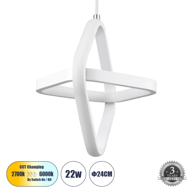 ROSE 61065 Μοντέρνο Κρεμαστό Φωτιστικό Οροφής LED 22W 2200lm 300° AC 220-240V IP20 Ρυθμιζόμενο Λευκό CCT με On/Off 2700K/4500K/6000K - Lumileds SMD Chip - Λευκό Ματ - Μ24 x Π22 x Υ24cm - 3 Χρόνια Εγγύηση