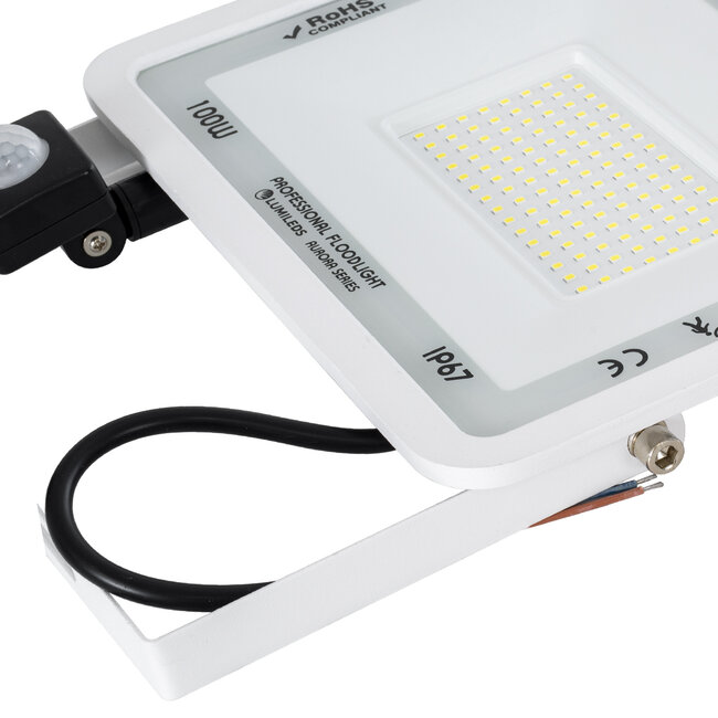 AURORA 61444 Επαγγελματικός Προβολέας LED 100W 12500lm 120° AC 220-240V με Ενσωματωμένο Ρυθμιζόμενο Αισθητήρα Κίνησης PIR - Αδιάβροχος IP67 - Μ25 x Π6.5 x Υ27.5cm - Λευκό - Ψυχρό Λευκό 6000K - LUMILEDS Chips - TÜV Rheinland Certified - 3 Years Warranty - 7