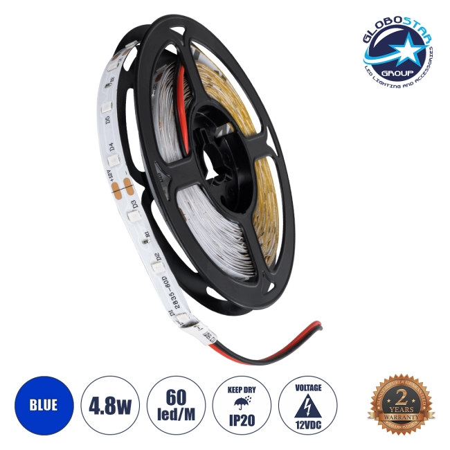 AVILA 90595 Ταινία LED 4.8W/m 200lm/m 120° DC 12V IP20 60 x SMD3528 Chip/m Μπλε Dimmable - Sanan SMD Chip - Μ500 x Π0.7 x Υ0.2cm - Ρολό 5 Μέτρων - 2 Χρόνια Εγγύηση