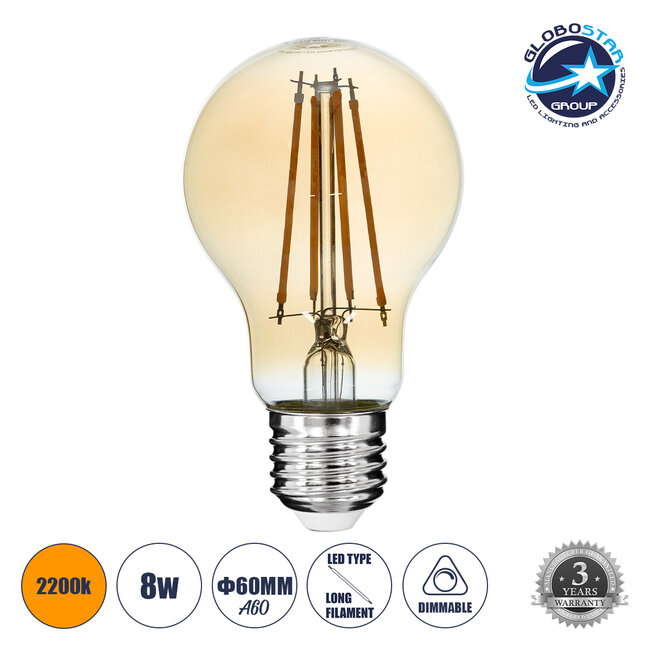 99037 LED Long Filament Bulb E27 A60 Globe 8W 720lm 360° AC 220-240V IP20 D6 x H10.5cm Ultra Θερμό Λευκό 2200K με Μελί Γυαλί - Dimmable - 3 Years Warranty