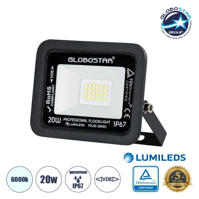  ATLAS 61410 Προβολέας LED 20W 2500lm 120° AC 220-240V Αδιάβροχο IP67 Ψυχρό Λευκό 6000K - Lumileds SMD Chip - TÜV Rheinland Certified - Μαύρο Ματ - Μ12 x Π2.5 x Υ9.5cm - 5 Χρόνια Εγγύηση