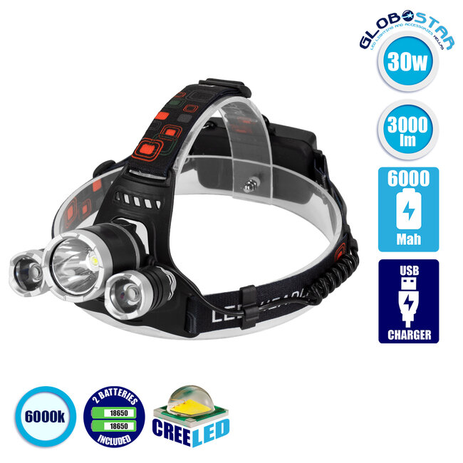 79057 Φακός Κεφαλής Επαναφορτιζόμενος LED CREE XML2-T6 Chip 30 Watt 3000 lm με 2 x 18650 Μπαταρίες 6000Mah Ψυχρό Λευκό 6000 K