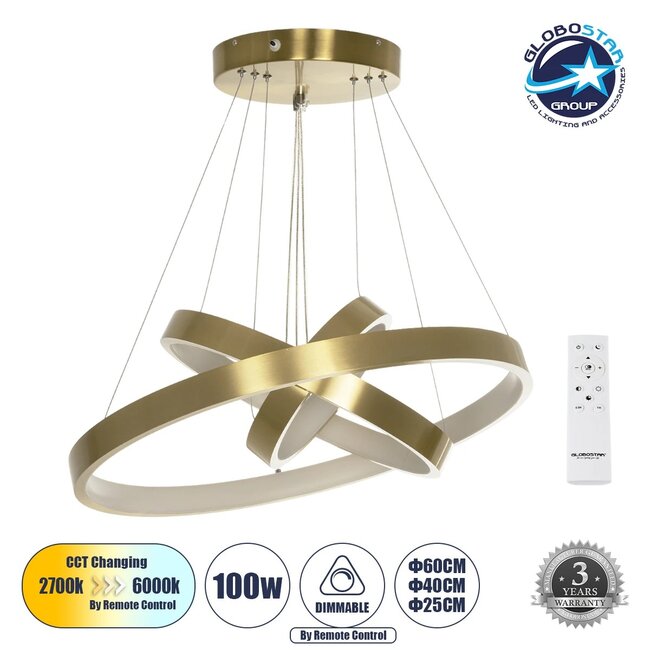 NEMESIS TRIO 61169-DECO Μοντέρνο Κρεμαστό Φωτιστικό Οροφής LED 100W 12123lm 360° AC 220-240V IP20 Ρυθμιζόμενο Λευκό CCT με Χειριστήριο από 2700K έως 6000K Dimmable - Lumileds SMD Chip - Χρυσό Βούρτσας - Μ60 x Π60 x Υ60cm - 3 Χρόνια Εγγύηση - 1