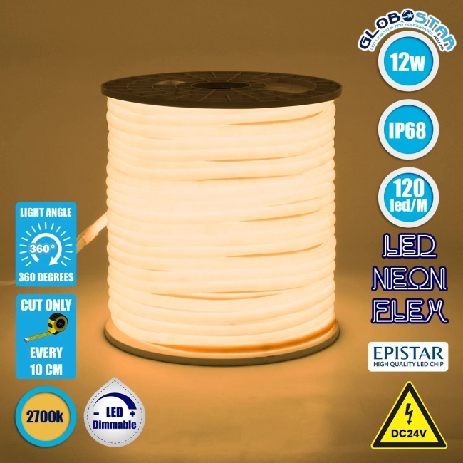 70582 TUBE 360° Degree Neon Flex Epistar LED SMD 2835 1m 12W/m 120LED/m 1248lm/m 360° DC 24V Αδιάβροχη IP68 Θερμό Λευκό 3000K Dimmable