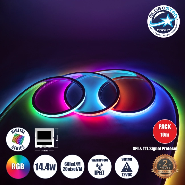 NEONIO 90753 Digital Pixel Addressable Neon Strip - Ψηφιακή Ταινία Neon Flex LED SMD 5050 14.4W/m 60LED/m 20PIXEL/m SPI/TTL Protocol IC SM16703P/WS2811/WS2812 864lm/m 90° DC 12V Αδιάβροχη IP67 Πολύχρωμη RGB - Λευκό Σώμα - Μ1000 x Π1.4 x Υ1.4cm - Συσκευασία 10 Μέτρων - 2 Χρόνια Εγγύηση