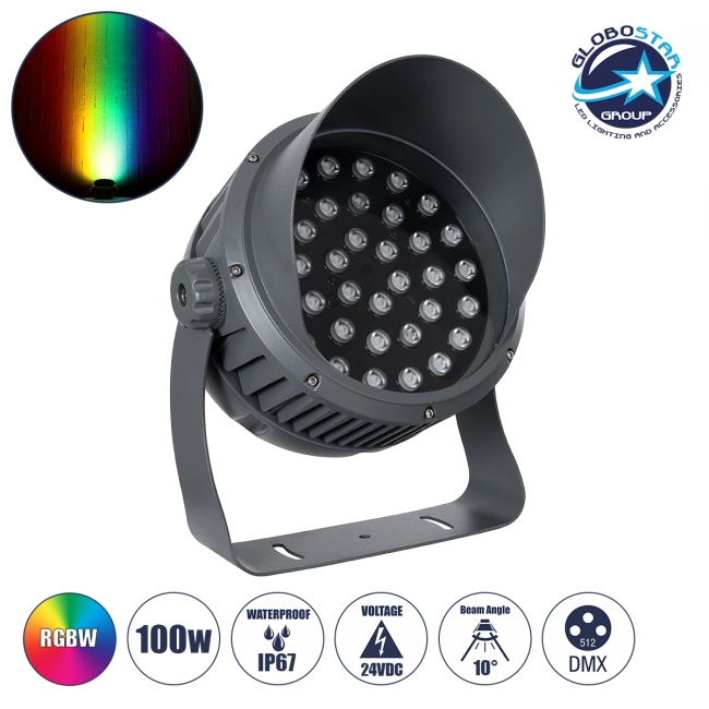 FLOODIMO 90748 Προβολέας Σποτ Wall Washer με Αντιθαμβωτική Γρίλια LED 100W 8000lm 10° DC 24V Αδιάβροχο IP67 Πολύχρωμο RGBW Dimmable DMX512 - Bridgelux SMD Chip - Γκρι Ανθρακί - Μ34 x Π36 x Υ44cm - 3 Χρόνια Εγγύηση