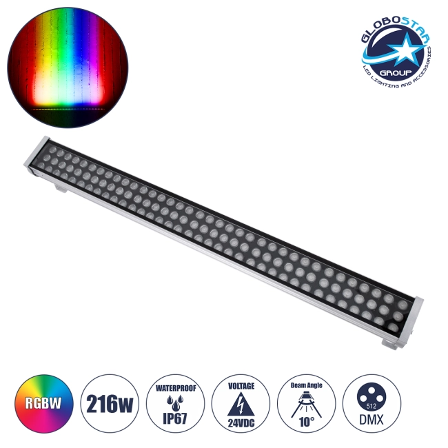 WASHERGAIA 90218 Μπάρα Φωτισμού Wall Washer LED 216W 18360lm 10° DC 24V Αδιάβροχο IP67 Πολύχρωμο RGBW Dimmable DMX512 - Bridgelux SMD Chip - Ασημί - Μ100 x Π10.2 x Υ9.5cm - 3 Χρόνια Εγγύηση