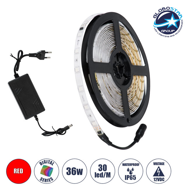 S-120001 Σετ Ταινία LED Digital Magic Strip IC3 5m 36W/5m 12V 30LED/m 5050 SMD 600lm/m 120° Αδιάβροχη IP65 με Ενσωματωμένα Προγράμματα Λειτουργίας και Τροφοδοτικό Κόκκινο