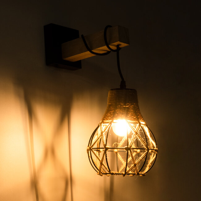 ALANI 01962 Boho Φωτιστικό Τοίχου - Απλίκα Μονόφωτο 1 x E27 AC 220-240V IP20 - Μ10 x Π26 x Υ40cm - Μαύρο Μεταλλικό με Ξύλο και Μπεζ Σχοινί Πλεγμα - 5 Χρόνια Εγγύηση