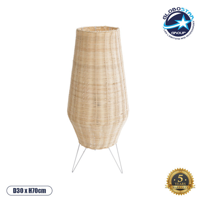 BOLSON 02012 Boho Επιδαπέδιο Φωτιστικό Μονόφωτο 1 x E27 AC220-240V IP20 - Φ30 x Υ70cm - Μπεζ Ξύλινο Μπαμπού Πλέγμα - 5 Χρόνια Εγγύηση
