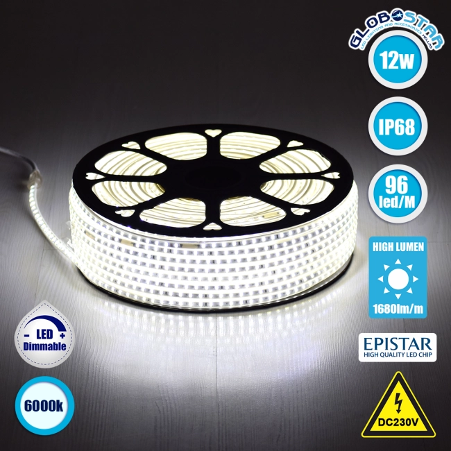 70500 Slim Ταινία Μονής Σειράς Epistar LED SMD 2835 1m 12W/m 96LED/m 1680lm/m 120° DC 230V Αδιάβροχη IP68 Ψυχρό Λευκό 6000K Dimmable
