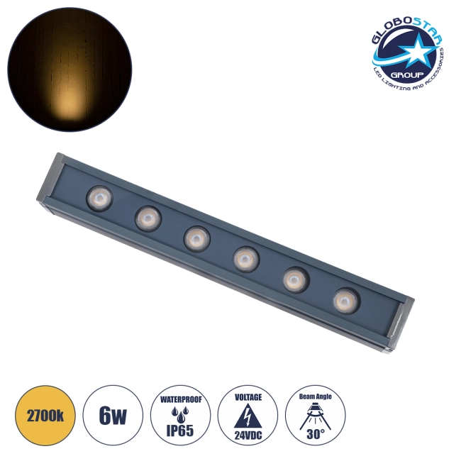WASHERMARGO 90179 Μπάρα Φωτισμού Wall Washer LED 6W 660lm 30° DC 24V Αδιάβροχο IP65 Θερμό Λευκό 2700Κ Dimmable - Bridgelux SMD Chip - Γκρι Ανθρακί - Μ30 x Π4 x Υ5cm - 3 Χρόνια Εγγύηση