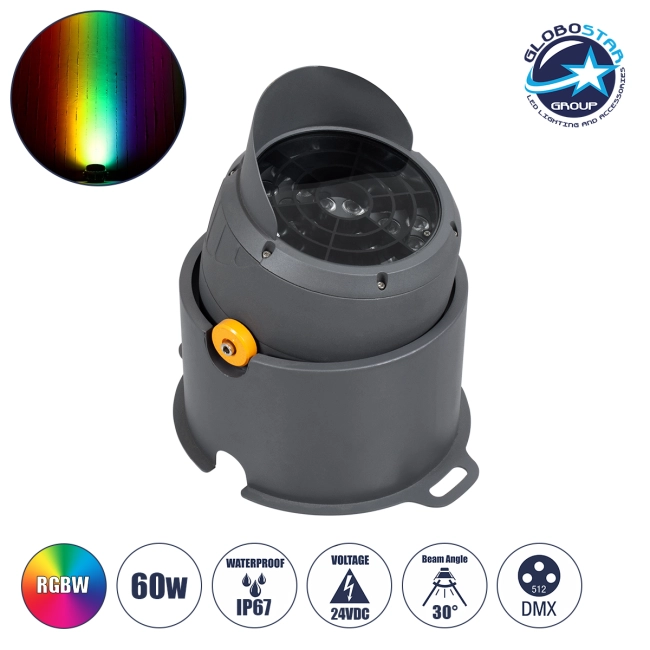 FLOOD-SIMA 90498 Κινούμενος Προβολέας - Σποτ Φωτισμού Wall Washer με Αντιθαμβωτική Γρίλια για Φωτισμό Κτιρίων LED 60W 5100lm 30° DC 24V Αδιάβροχο IP67 Μ29 x Π24 x Υ28.5cm RGBW DMX512 - Γκρι Ανθρακί - 3 Years Warranty