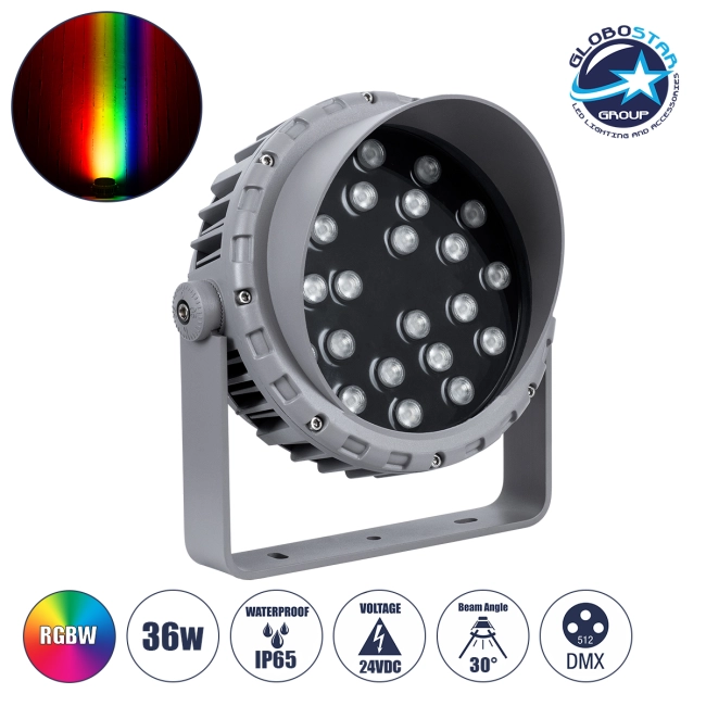FLOODMENA 90648 Προβολέας Σποτ Wall Washer με Αντιθαμβωτική Γρίλια LED 36W 2880lm 30° DC 24V Αδιάβροχο IP65 Πολύχρωμο RGBW Dimmable DMX512 - Bridgelux SMD Chip - Γκρι Ανθρακί - Μ23 x Π23 x Υ18cm - 3 Χρόνια Εγγύηση