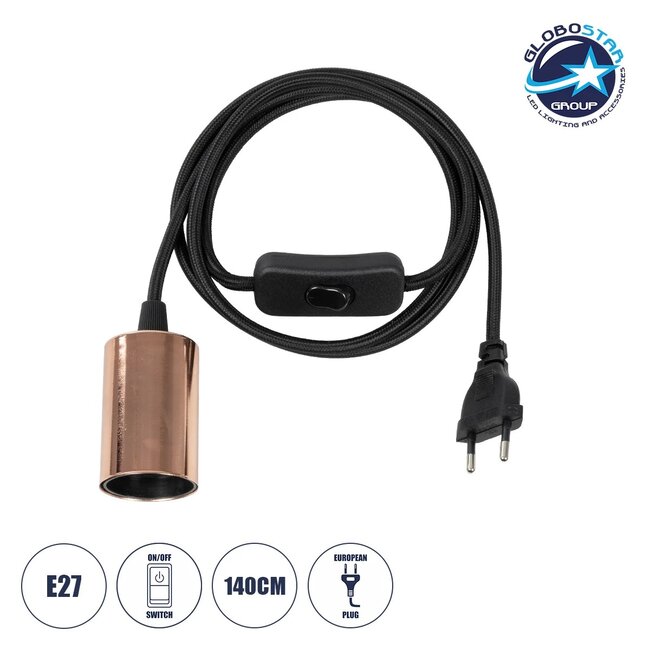 WHIP 77665 Μοντέρνο DIY Φωτιστικό με Υφασμάτινο Καλώδιο, Ντουί 1 x E27, Διακόπτη On/Off & Πρίζα AC 220-240V IP20 - Μαύρο & Ροζ Χρυσό - Μ140 x Π4 x Υ4cm WHIP 77665 Μοντέρνο DIY Φωτιστικό με Υφασμάτινο Καλώδιο, Ντουί 1 x E27, Διακόπτη On/Off & Πρίζα AC 220-240V IP20 - Μαύρο & Ροζ Χρυσό - Μ140 x Π4 x Υ4cm