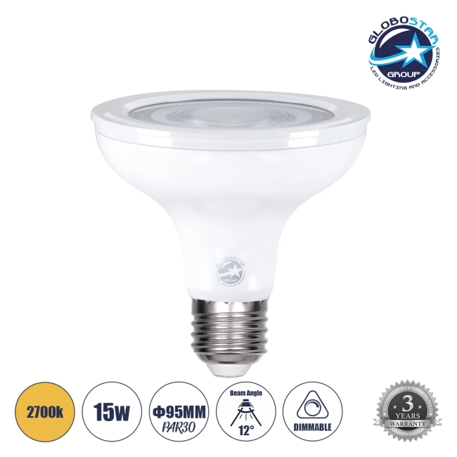  BEAMPAR 60095 Σποτ E27 PAR30 LED 15W 1410lm 12° AC 220-240V IP20 Θερμό Λευκό 2700K Dimmable - Μ9.5 x Π9.5 x Υ9.5cm - 3 Χρόνια Εγγύηση