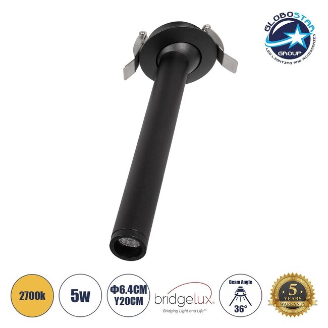 DALE 60372 Χωνευτό Κινούμενο Downlight Σποτ LED 5W 500lm 36° AC 220-240V IP20 Θερμό Λευκό 2700K - Bridgelux COB Chip & TÜV SÜD Driver - Μαύρο Ματ - Μ6.4 x Π6.4 x Υ20cm / Q5.5cm - 5 Χρόνια Εγγύηση