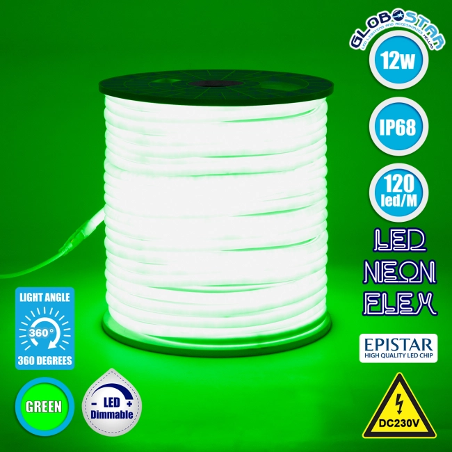 70594 TUBE 360° Degree Neon Flex Epistar LED SMD 2835 1m 12W/m 120LED/m 1212lm/m 360° DC 230V Αδιάβροχη IP68 Πράσινο Dimmable