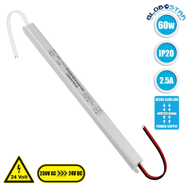 LUMISLIM 73013 Τροφοδοτικό/Μετασχηματιστής PELV 60W 2.5A DC 24V IP20 - AC 220-240V σε DC 24V - Μ31 x Π1.8 x Υ1.8cm - 3 Χρόνια Εγγύηση