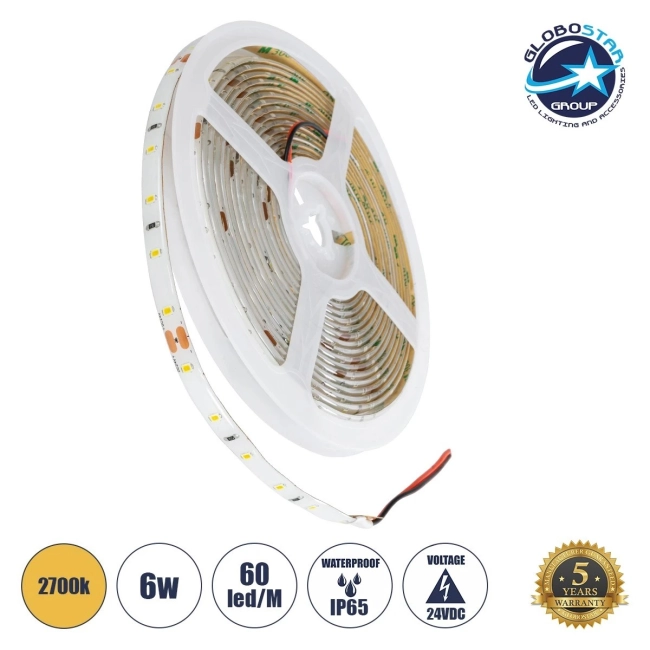LILAC 70302 Ταινία LED 6W/m 540lm/m 120° DC 24V Αδιάβροχη IP65 60 x SMD2835 Chip/m Θερμό Λευκό 2700K Dimmable - Sanan SMD Chip - Μ500 x Π0.8 x Υ0.2cm - Ρολό 5 Μέτρων - 5 Χρόνια Εγγύηση