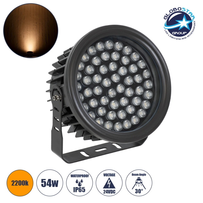 FLOODNEVA 90397 Προβολέας Σποτ Wall Washer LED 54W 4590lm 30° DC 24V Αδιάβροχο IP65 Ultra Θερμό Λευκό 2200K Dimmable - Bridgelux SMD Chip - Μαύρο - Μ24.5 x Π24.5 x Υ14.7cm - 3 Χρόνια Εγγύηση