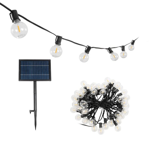 TWILIGHT 79669 Μοντέρνο Φωτιστικό Κήπου Γιρλάντα 14.5m με 50 Λάμπες LED 30W 2700lm 360° DC 3.7V με Ενσωματωμένο Φωτοβολταϊκό Panel 5.5V 5W & Επαναφορτιζόμενη Μπαταρία Li-ion 3.7V 3x18650 6600mAh Αδιάβροχο IP65 Θερμό Λευκό 2700Κ Dimmable - Sanan SMD Chip - Μαύρο & Διάφανο - Μ1450 x Π4 x Υ7