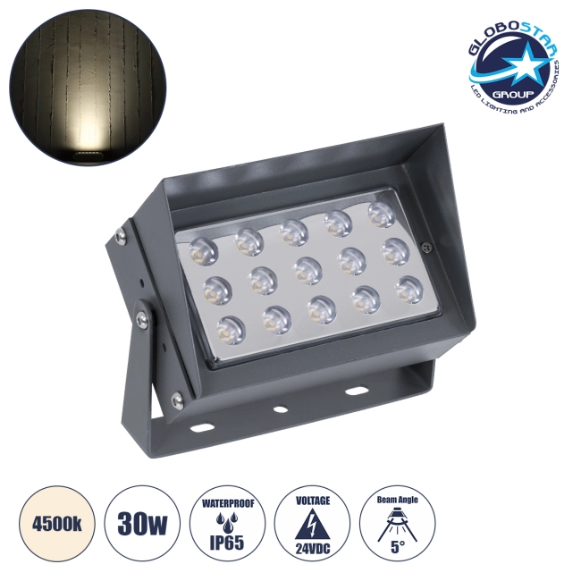  FLOODKAMY 90373 Προβολέας Σποτ Wall Washer με Αντιθαμβωτική Γρίλια LED 30W 3450lm 5° DC 24V Αδιάβροχο IP65 Φυσικό Λευκό 4500K Dimmable - Bridgelux SMD Chip - Γκρι Ανθρακί - Μ19.5 x Π10.7 x Υ9.5cm - 3 Χρόνια Εγγύηση