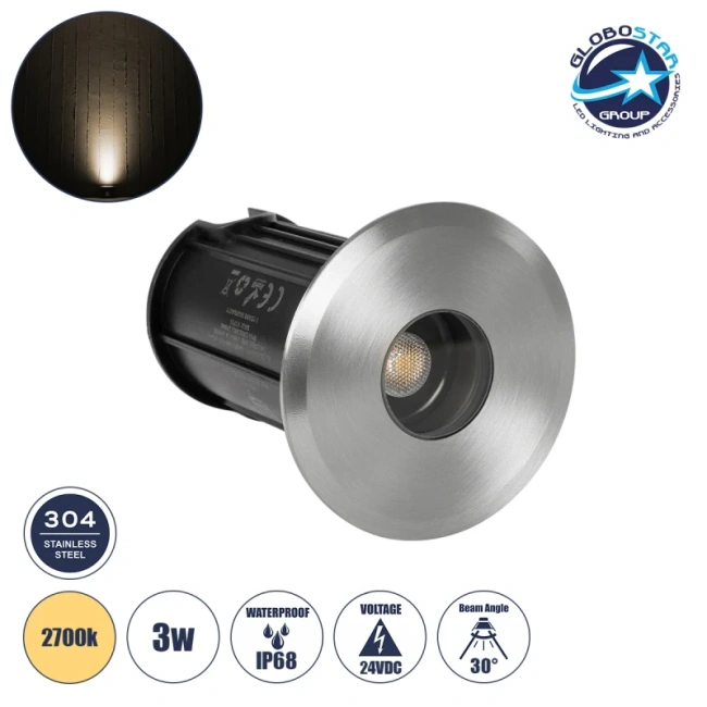 POOLIFY 61713 Υποβρύχιο Χωνευτό Σποτ για Σιντριβάνια/Πισίνες LED 3W 360lm 30° DC 24V Αδιάβροχο IP68 Θερμό Λευκό 2700K Dimmable - CREE XPE - Ανοξείδωτο Ατσάλι 316 & Tempered Glass - 1m VDE Rubber Καλώδιο - Φ6.5 x Υ8cm / Q5.2cm - 3 Χρόνια Εγγύηση