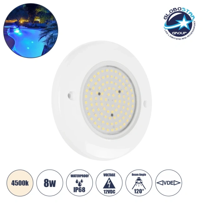 POOLARTY 61715 Υποβρύχιο Φωτιστικό για Σιντριβάνια/Πισίνες LED 8W 640lm 120° DC 12V Αδιάβροχο IP68 Φυσικό Λευκό 4500K Dimmable - 1m VDE Rubber Καλώδιο - Φ13 x Υ2cm - 3 Χρόνια Εγγύηση
