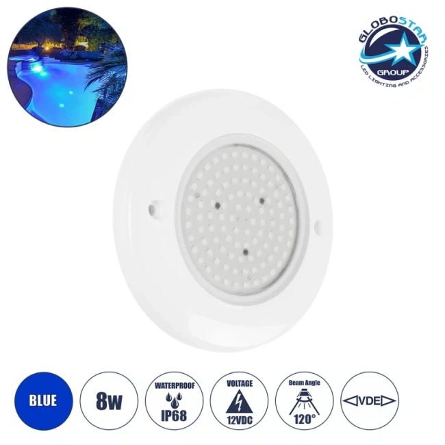POOLARTY 61717 Υποβρύχιο Φωτιστικό για Σιντριβάνια/Πισίνες LED 8W 560lm 120° DC 12V Αδιάβροχο IP68 Μπλε Dimmable - 1m VDE Rubber Καλώδιο - Φ13 x Υ2cm - 3 Χρόνια Εγγύηση