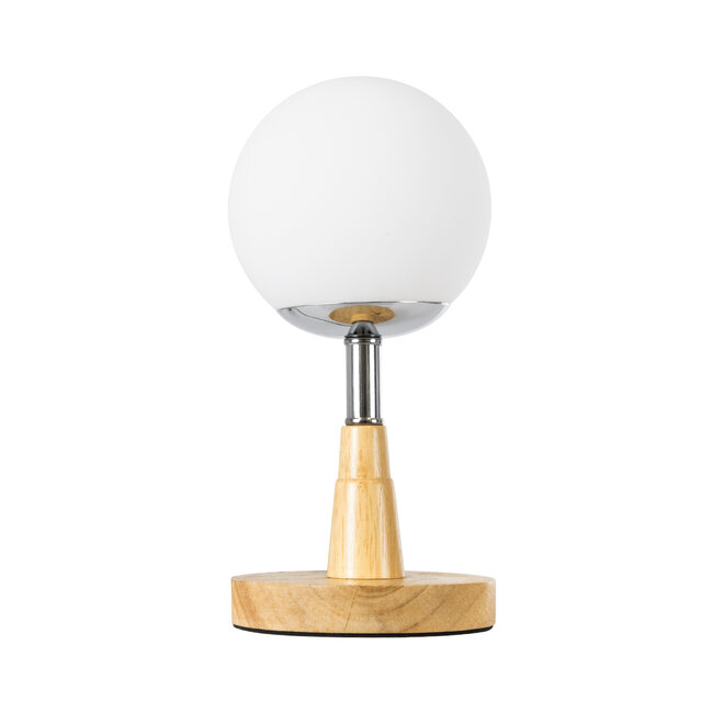 COVE 02036 Μοντέρνο Επιτραπέζιο Φωτιστικό Μονόφωτο 1 x E27 AC220-240V IP20 - Φ12 x Υ25cm - Μπεζ Ξύλινο & Γυάλινη Γαλακτερή Μπάλα - 5 Χρόνια Εγγύηση