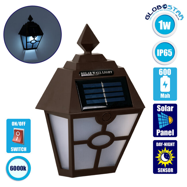 71493 Αυτόνομο Ηλιακό Φωτιστικό Τοίχου Καφέ LED SMD 1W 100lm με Ενσωματωμένη Μπαταρία 600mAh - Φωτοβολταϊκό Πάνελ με Αισθητήρα Ημέρας-Νύχτας IP65 Ψυχρό Λευκό 6000K