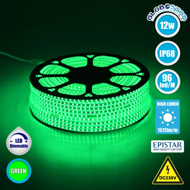 70505 Slim Ταινία Μονής Σειράς Epistar LED SMD 2835 1m 12W/m 96LED/m 1572lm/m 120° DC 230V Αδιάβροχη IP68 Πράσινο Dimmable