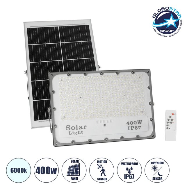 LUMOVOX 73070 Προβολέας LED 400W 20000lm 120° DC 5V με Φωτοβολταϊκό Panel 5V 25W & Επαναφορτιζόμενη Μπαταρία Li-ion 3.2V 20000mAh Αδιάβροχο IP67 Ψυχρό Λευκό 6000K - 400 x SMD2835 Sanan Chip - Γκρι Ανθρακί - Μ45 x Π7.5 x Υ30.5cm - 2 Χρόνια Εγγύηση