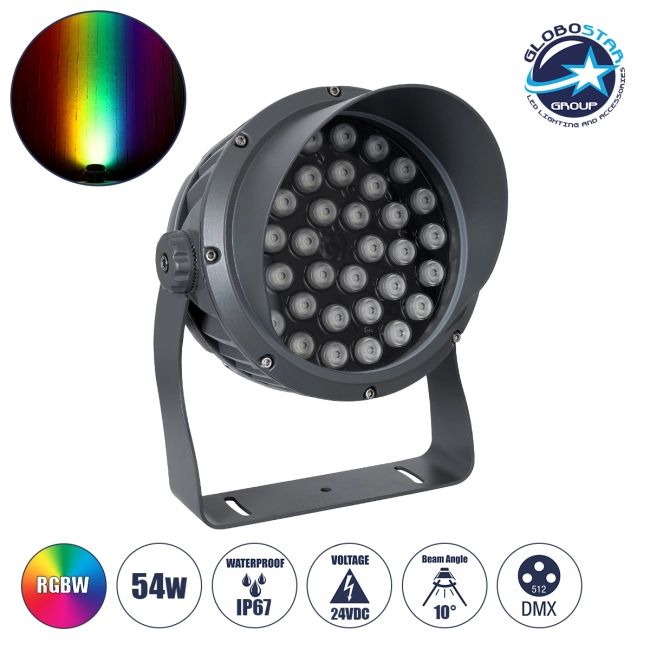 FLOODIMO 90745 Προβολέας Σποτ Wall Washer με Αντιθαμβωτική Γρίλια LED 54W 4320lm 10° DC 24V Αδιάβροχο IP67 Πολύχρωμο RGBW Dimmable DMX512 - Bridgelux SMD Chip - Γκρι Ανθρακί - Μ26 x Π28 x Υ35cm - 3 Χρόνια Εγγύηση
