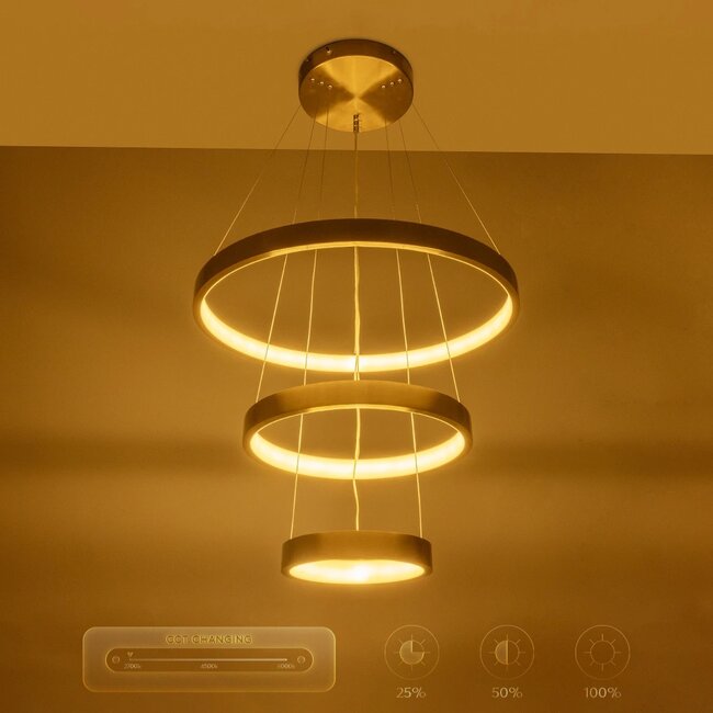 NEMESIS TRIO 61169-DECO Μοντέρνο Κρεμαστό Φωτιστικό Οροφής LED 100W 12123lm 360° AC 220-240V IP20 Ρυθμιζόμενο Λευκό CCT με Χειριστήριο από 2700K έως 6000K Dimmable - Lumileds SMD Chip - Χρυσό Βούρτσας - Μ60 x Π60 x Υ60cm - 3 Χρόνια Εγγύηση - 10