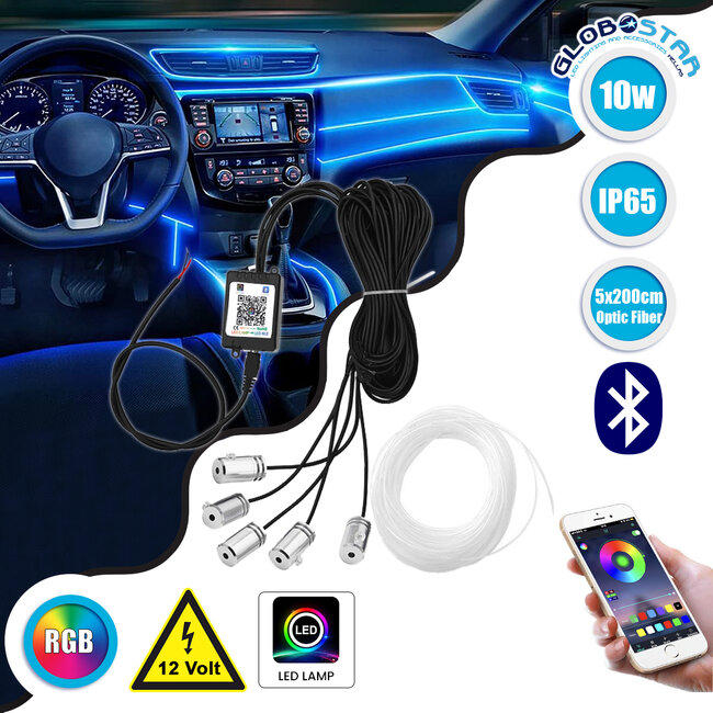81843 Car Optic Fiber LED Kit Smart Bluetooth - Φωτισμός Κιτ Οπτικής Ίνας Αυτοκινήτου DC 12V 10W με Smart Bluetooth Controller & Εφαρμογή APP Αδιάβροχο IP65 Πολύχρωμο RGB