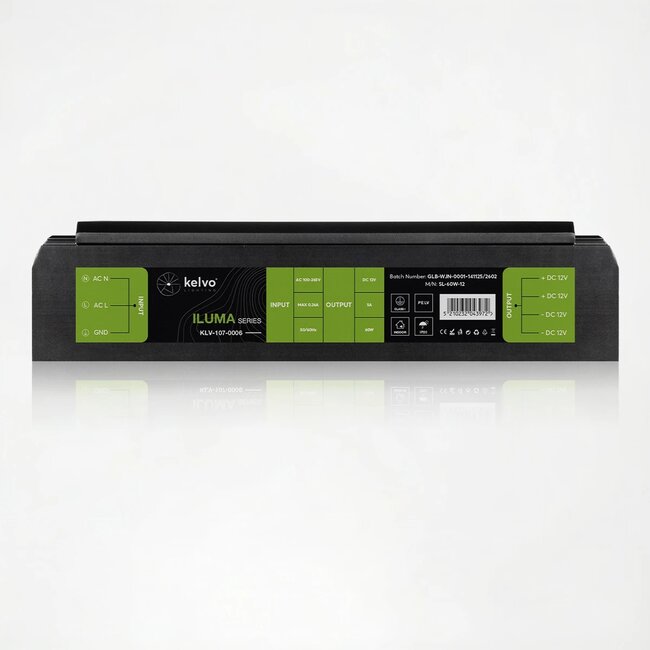 kelvo® ILUMA KLV-107-0006 Slim Τροφοδοτικό/Μετασχηματιστής Class I PELV 60W 5A AC 220-240V σε DC 12V IP20 - Γκρι Ανθρακί Ματ - Μ13.3 x Π4.8 x Υ2.8cm - 5 Χρόνια Εγγύηση - 5